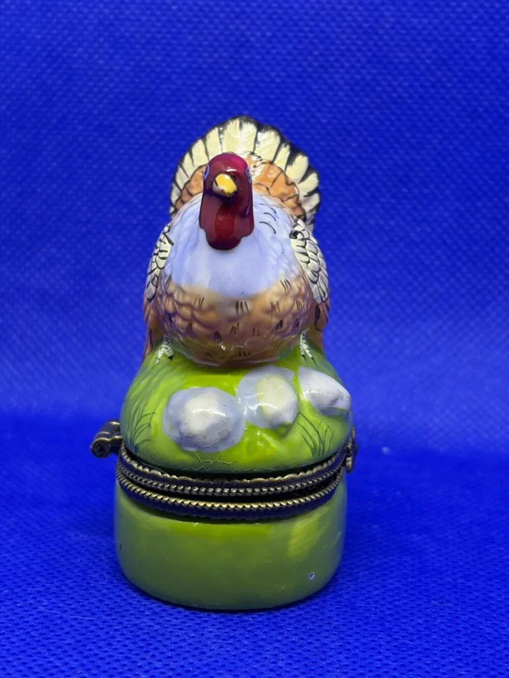 VTG! Hand-painted Enameled Pheasant Ceramic Hinged Trinket Box ~2.5' x 2